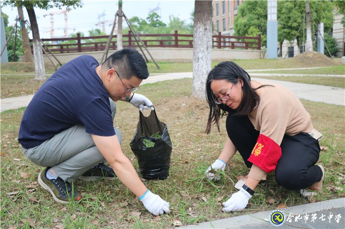 党员教师做志愿 拔草修绿美校园(图2)
