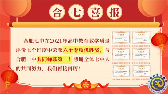 合肥七中在2021你那高中教学质量评价中荣获六个A专项优胜奖，与合肥七中共同蝉联第一！.jpg